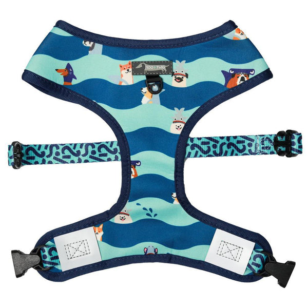Reversible Blue Boy Dog Harness with Shark Dog Print Featuring Dachshunds, Frenchies, Cavoodles, Corgis, Shiba Inus and more designed in Australia