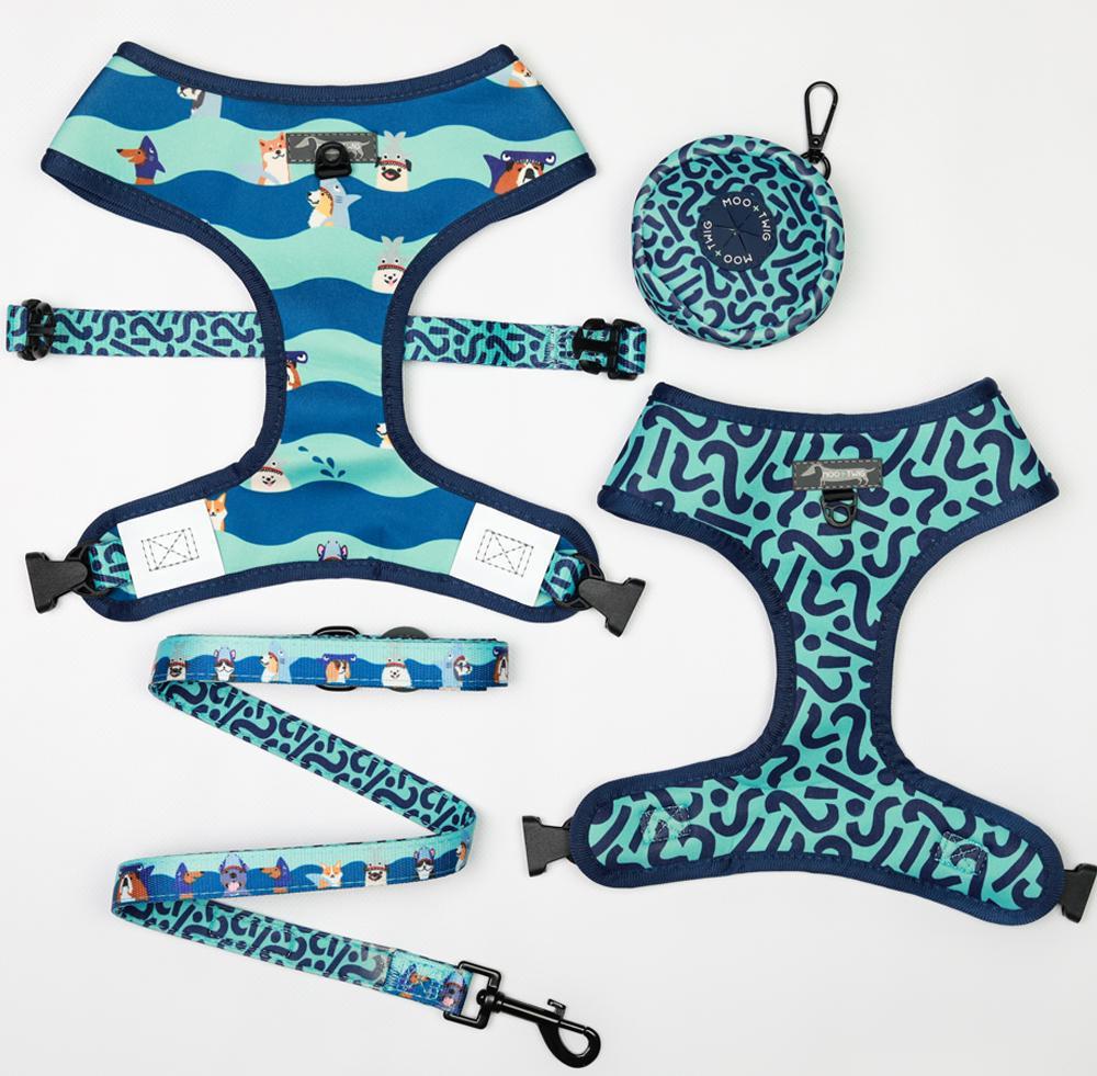 Reversible Blue Boy Dog Harness with Shark Dog Print Featuring Dachshunds, Frenchies, Cavoodles, Corgis, Shiba Inus and more designed in Australia