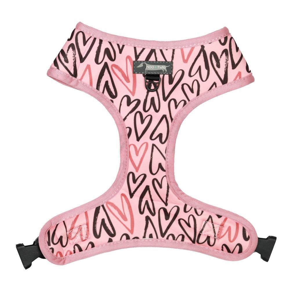 Pink Striped Dog Harness with Girl Dogs and Hearts All over. Cute Heart Dog Harness designed in Australia for puppies and small to medium sized dogs.
