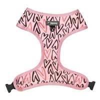 Pink Striped Dog Harness with Girl Dogs and Hearts All over. Cute Heart Dog Harness designed in Australia for puppies and small to medium sized dogs.