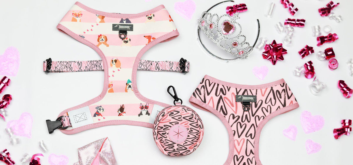 Pink Striped Dog Harness with Girl Dogs and Hearts All over. Cute Heart Dog Harness designed in Australia for puppies and small to medium sized dogs.