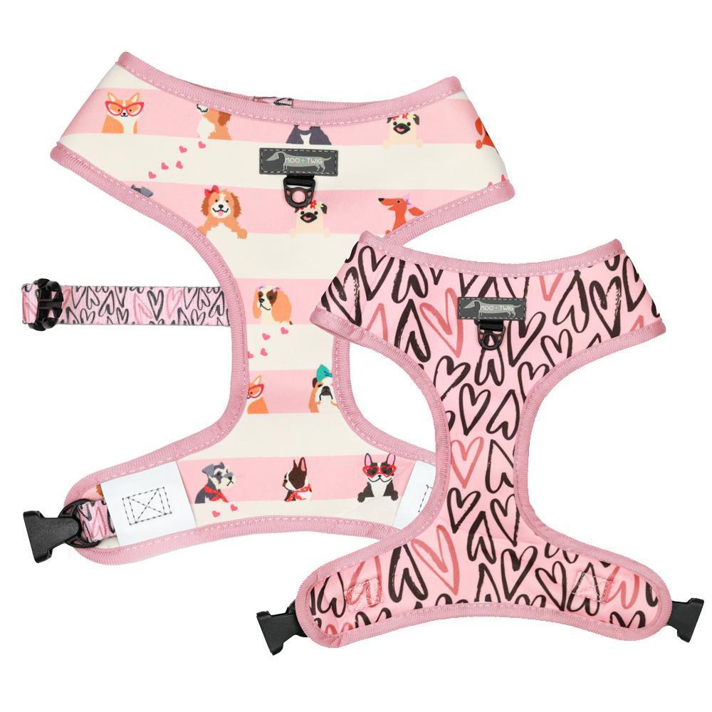 Pink Striped Dog Harness with Girl Dogs and Hearts All over. Cute Heart Dog Harness designed in Australia for puppies and small to medium sized dogs.